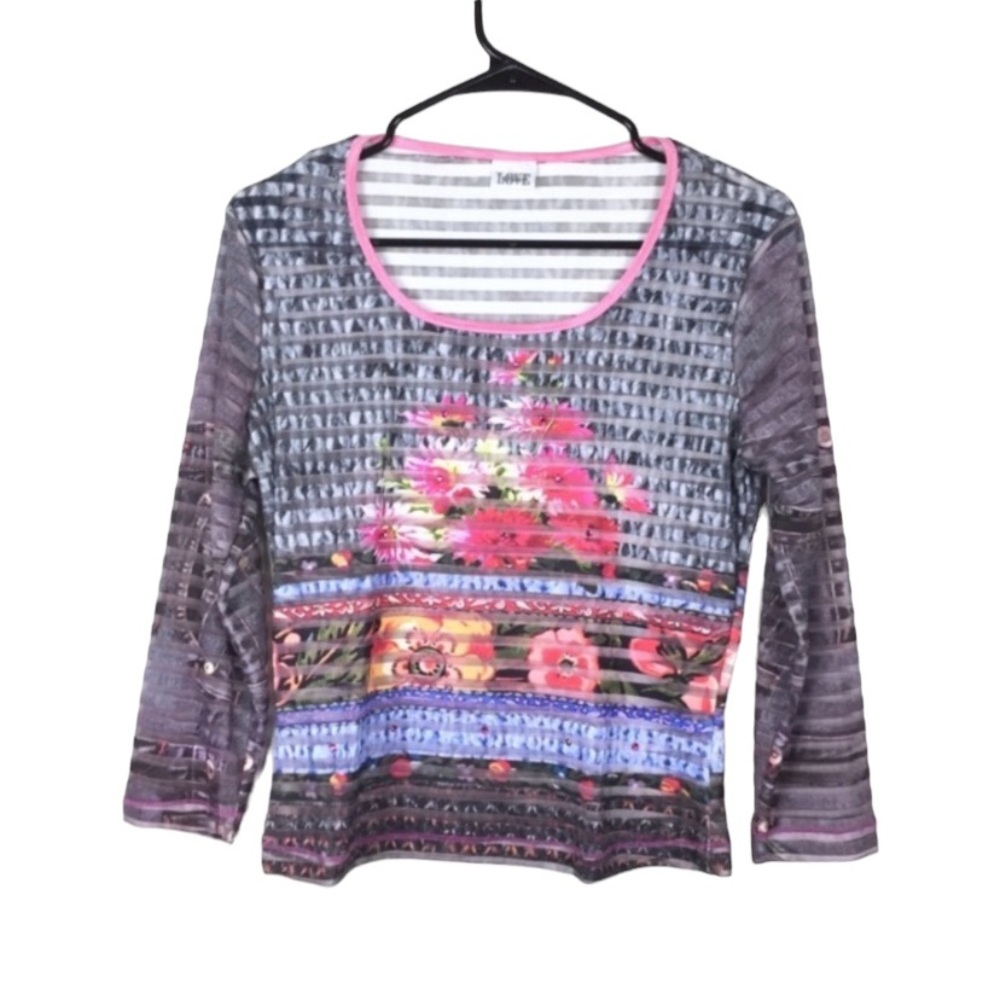 Vintage 1990s Striped Floral sheer quarter sleeve top size medium fairy whimsy